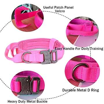 Tactical Dog Collar Military Dog Collar Adjustable Nylon Dog Collar Heavy Duty Metal Buckle with Handle for Dog Training (Pink,L)