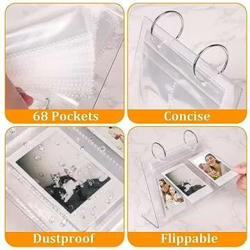 Desktop Small Photo Album, 68 Pockets Acrylic Flip Mini Photo Book, Tabletop Picture Display suitable for 2x3 inch Polaroid/Fujifilm Cameras/Kpop Photocard/Flash Card