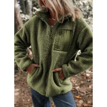 Dokotoo Womens Fleece Shacket Jackets Cute Warm Fall Winter Coats for Women Loose Fit Stand Neck Full Zipper Up Teddy Sherpa Jacket Coats Solid Comfy Soft Outerwear with Pockets Medium Green