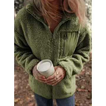 Dokotoo Womens Fleece Shacket Jackets Cute Warm Fall Winter Coats for Women Loose Fit Stand Neck Full Zipper Up Teddy Sherpa Jacket Coats Solid Comfy Soft Outerwear with Pockets Medium Green