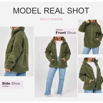 Dokotoo Womens Fleece Shacket Jackets Cute Warm Fall Winter Coats for Women Loose Fit Stand Neck Full Zipper Up Teddy Sherpa Jacket Coats Solid Comfy Soft Outerwear with Pockets Medium Green