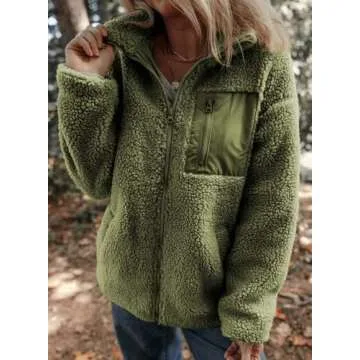 Dokotoo Womens Fleece Shacket Jackets Cute Warm Fall Winter Coats for Women Loose Fit Stand Neck Full Zipper Up Teddy Sherpa Jacket Coats Solid Comfy Soft Outerwear with Pockets Medium Green