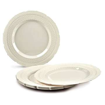 OCCASIONS 50 Plates Pack - Extra Heavyweight Vintage Wedding Disposable/Reusable Plastic Plates - 25...