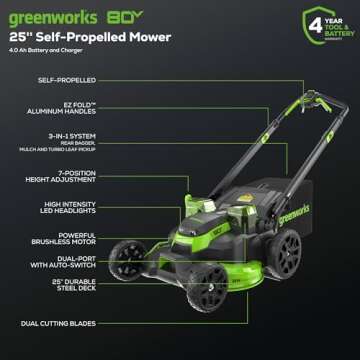 Greenworks 80V 25" Self-Propelled Electric Lawn Mower with Dual Battery Ports and LED Headlight