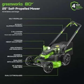 Greenworks 80V 25" Self-Propelled Electric Lawn Mower with Dual Battery Ports and LED Headlight