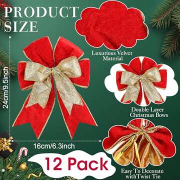 Chunyin 12 Pack Velvet Christmas Tree Bows Ornaments 6.3 x 9.5 Inch Double Layer Christmas Wreath Bo...