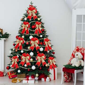 Chunyin 12 Pack Velvet Christmas Tree Bows Ornaments 6.3 x 9.5 Inch Double Layer Christmas Wreath Bow Glitter 2025 Xmas Bow Gifts for Christmas Tree Home Garland Winter Party Decorations(Red)