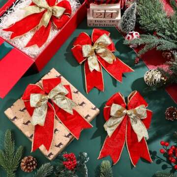 Chunyin 12 Pack Velvet Christmas Tree Bows Ornaments 6.3 x 9.5 Inch Double Layer Christmas Wreath Bow Glitter 2025 Xmas Bow Gifts for Christmas Tree Home Garland Winter Party Decorations(Red)