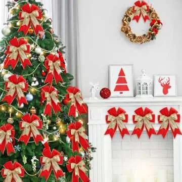 Chunyin 12 Pack Velvet Christmas Tree Bows Ornaments 6.3 x 9.5 Inch Double Layer Christmas Wreath Bow Glitter 2025 Xmas Bow Gifts for Christmas Tree Home Garland Winter Party Decorations(Red)