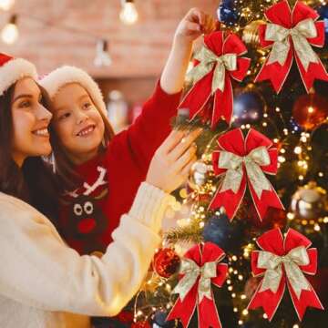 Chunyin 12 Pack Velvet Christmas Tree Bows Ornaments 6.3 x 9.5 Inch Double Layer Christmas Wreath Bow Glitter 2025 Xmas Bow Gifts for Christmas Tree Home Garland Winter Party Decorations(Red)