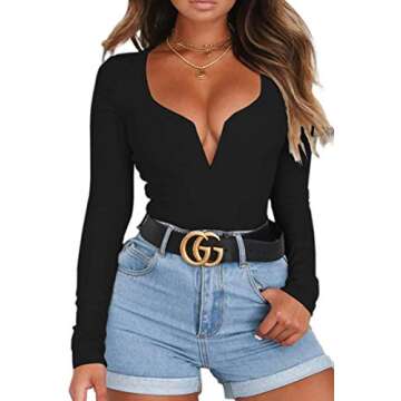 Women's Low Cut Bodysuit Sexy Leotards Deep V Neck Long Sleeve Body Suits Tops Black M