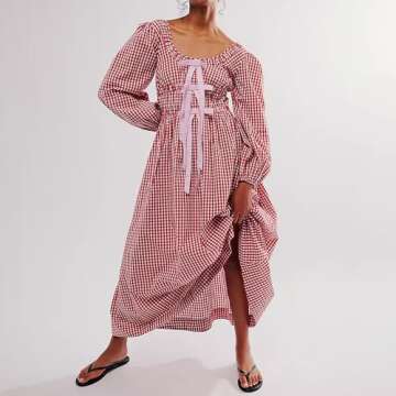 ABYOVRT Women Plaid Maxi Dress Long Puff Sleeve Square Neck Flowy Boho Dress Bow Tie Smocked Fall Dr...