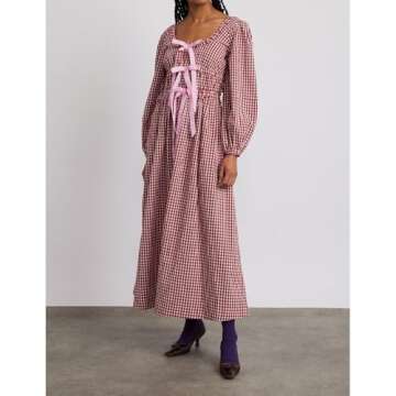 ABYOVRT Women Plaid Maxi Dress Long Puff Sleeve Square Neck Flowy Boho Dress Bow Tie Smocked Fall Dresses (Red a,M)