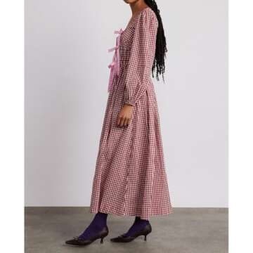 ABYOVRT Women Plaid Maxi Dress Long Puff Sleeve Square Neck Flowy Boho Dress Bow Tie Smocked Fall Dresses (Red a,M)