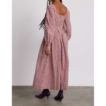 ABYOVRT Women Plaid Maxi Dress Long Puff Sleeve Square Neck Flowy Boho Dress Bow Tie Smocked Fall Dresses (Red a,M)