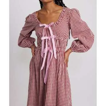 ABYOVRT Women Plaid Maxi Dress Long Puff Sleeve Square Neck Flowy Boho Dress Bow Tie Smocked Fall Dresses (Red a,M)