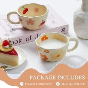 Vesici 2 Pcs Ceramic Coffee Mugs Flower Mugs with Spoon Vintage Floral Mugs with Handle 8.5 oz Cute Aesthetic Tea Porcelain Cup Gift for Valentine Office Home, Dishwasher and Microwave Safe(Fresh)