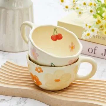 Vesici 2 Pcs Ceramic Coffee Mugs Flower Mugs with Spoon Vintage Floral Mugs with Handle 8.5 oz Cute Aesthetic Tea Porcelain Cup Gift for Valentine Office Home, Dishwasher and Microwave Safe(Fresh)