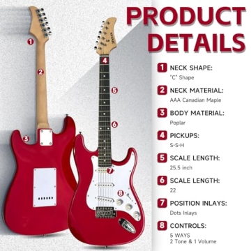 XINYAN 39in Full Size Beginner Electric Guitar Starter Kit w/Case, Strap, 20W Amp, Strings, Pick, Tremolo Bar (Red Guitar)