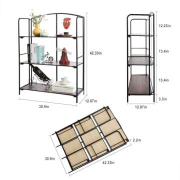 Crofy No Assembly Folding Bookshelf for Living Room, 3 Tier Black Collapsible Book Shelf for Home Office, Portable Bookcase Storage Organizer