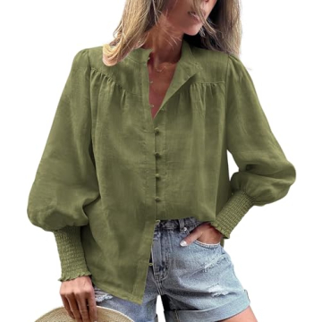 PRETTYGARDEN Women Button Down Shirts V Neck Lantern Long Sleeve Blouses Dressy Casual Smocked Tops ...