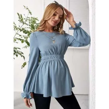 MakeMeChic Women's Maternity Shirts Casual Long Sleeve Ruffle Pregnancy Peplum Blouse Top