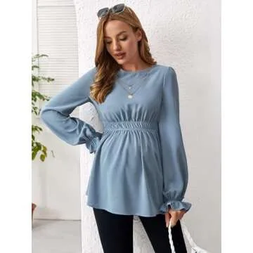 MakeMeChic Women's Maternity Shirts Casual Long Sleeve Ruffle Pregnancy Peplum Blouse Top