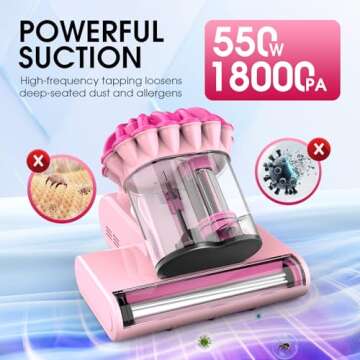 Belife M8 Mattress Vacuum Cleaner, Anti-allergen Bed Vacuum Cleaner with UV & Hot Air & High Heating, 550W 18Kpa Powerful Suction Double-Cup Handheld Vacuum for Bed, Couch, Sofa, Corded (Pink)