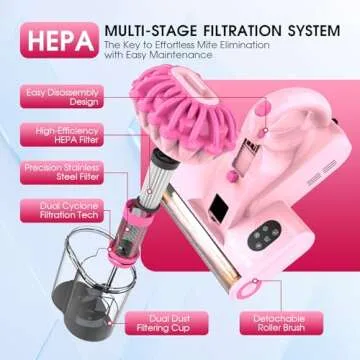 Belife M8 Mattress Vacuum Cleaner, Anti-allergen Bed Vacuum Cleaner with UV & Hot Air & High Heating, 550W 18Kpa Powerful Suction Double-Cup Handheld Vacuum for Bed, Couch, Sofa, Corded (Pink)