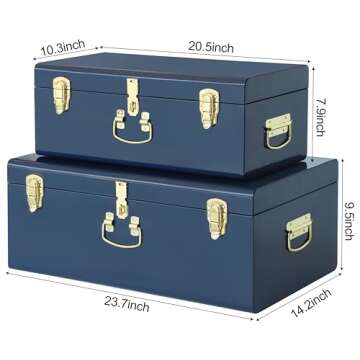 Vixdonos Decorative Large Metal Box Storage Trunk Chest Set of 2 College Dorm Organizer with Hardware Hasps and Handle for Home Deocr,23.7X14.2X9.5 Inches,Dark Blue