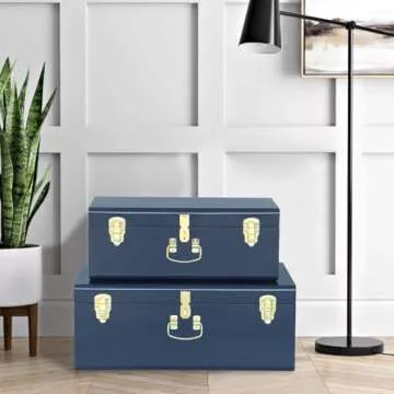 Vixdonos Decorative Large Metal Box Storage Trunk Chest Set of 2 College Dorm Organizer with Hardware Hasps and Handle for Home Deocr,23.7X14.2X9.5 Inches,Dark Blue