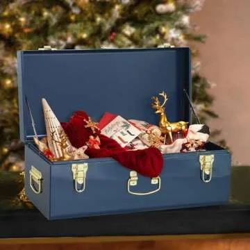 Vixdonos Decorative Large Metal Box Storage Trunk Chest Set of 2 College Dorm Organizer with Hardware Hasps and Handle for Home Deocr,23.7X14.2X9.5 Inches,Dark Blue