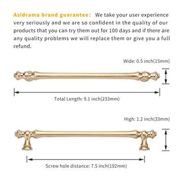 Asidrama 10 Pack 7.5 Inch(192mm) Brushed Brass Kitchen Cabinet Handles, Gold Cabinet Pulls Kitchen Cabinet Hardware for Cupboard Drawer Pulls