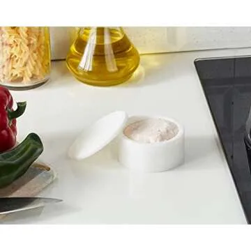 Queenza White Marble Salt Cellar with Lid - 3 Inch Salt and Pepper Bowls, Ramekins, Kosher Salt Holder