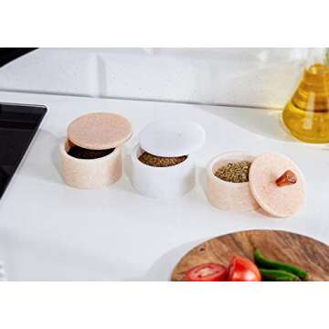 Queenza White Marble Salt Cellar with Lid - 3 Inch Salt and Pepper Bowls, Ramekins, Kosher Salt Holder