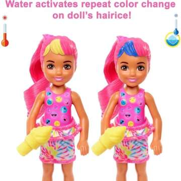Barbie Color Reveal Small Doll & Accessories, Neon Tie-Dye Series, 6 Surprises, 1 Chelsea Doll (Styles May Vary)