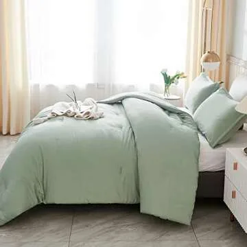 Litanika Comforter Full Size Set Sage Green, 3 Pieces Lightweight Bed Comforter Full, Solid Bedding Comforters Sets, Soft All Season Down Alternative Comforter Quilt Blanket