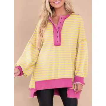 AlvaQ Womens Oversized Sweatshirts Fashion 2024 Fall Winter Long Sleeve Henley Button Down Striped Pullover Sweatshirt Tops Yellow Small