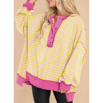 AlvaQ Womens Oversized Sweatshirts Fashion 2024 Fall Winter Long Sleeve Henley Button Down Striped Pullover Sweatshirt Tops Yellow Small
