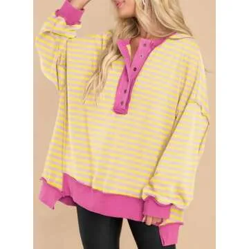 AlvaQ Womens Oversized Sweatshirts Fashion 2024 Fall Winter Long Sleeve Henley Button Down Striped Pullover Sweatshirt Tops Yellow Small