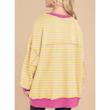 AlvaQ Womens Oversized Sweatshirts Fashion 2024 Fall Winter Long Sleeve Henley Button Down Striped Pullover Sweatshirt Tops Yellow Small