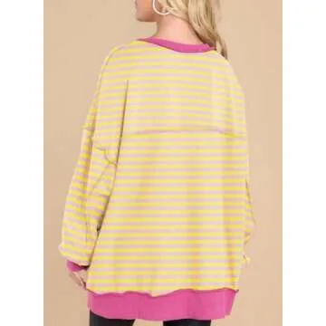 AlvaQ Womens Oversized Sweatshirts Fashion 2024 Fall Winter Long Sleeve Henley Button Down Striped Pullover Sweatshirt Tops Yellow Small