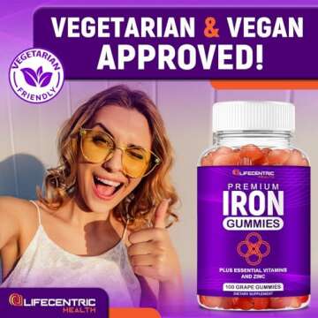 LifeCentricHealth Iron Gummies for Adults & Kids | Biotin Zinc Vitamin B Folic Acid Gummies | Vegan Gluten Free Blood Builder Anemia Supplements | Tasty Energy Boosting Iron Supplement for Women & Men