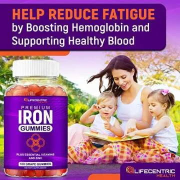 LifeCentricHealth Iron Gummies for Adults & Kids | Biotin Zinc Vitamin B Folic Acid Gummies | Vegan Gluten Free Blood Builder Anemia Supplements | Tasty Energy Boosting Iron Supplement for Women & Men