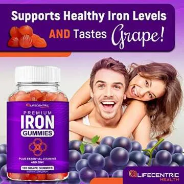 LifeCentricHealth Iron Gummies for Adults & Kids | Biotin Zinc Vitamin B Folic Acid Gummies | Vegan Gluten Free Blood Builder Anemia Supplements | Tasty Energy Boosting Iron Supplement for Women & Men