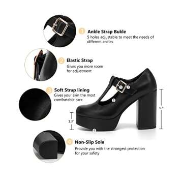 Coutgo Black Platform Heels for Women T-Strap Patent Chunky Heel Mary Jane Shoes