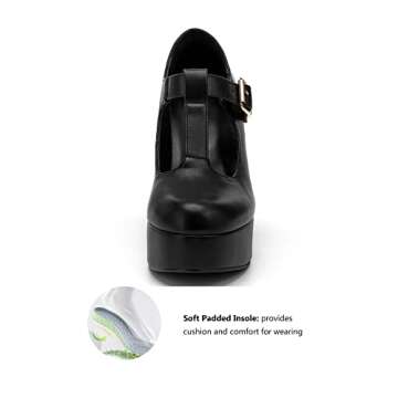 Coutgo Black Platform Heels for Women T-Strap Patent Chunky Heel Mary Jane Shoes