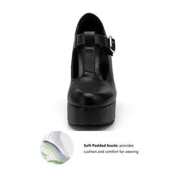 Coutgo Black Platform Heels for Women T-Strap Patent Chunky Heel Mary Jane Shoes