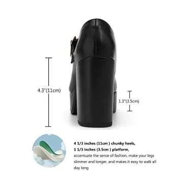 Coutgo Black Platform Heels for Women T-Strap Patent Chunky Heel Mary Jane Shoes