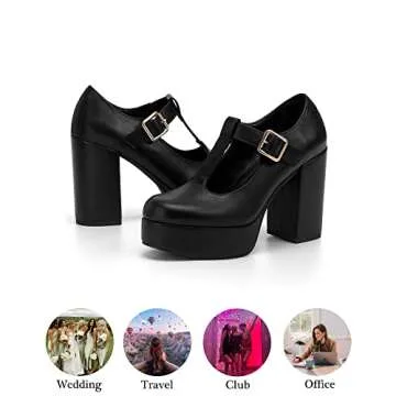 Coutgo Black Platform Heels for Women T-Strap Patent Chunky Heel Mary Jane Shoes